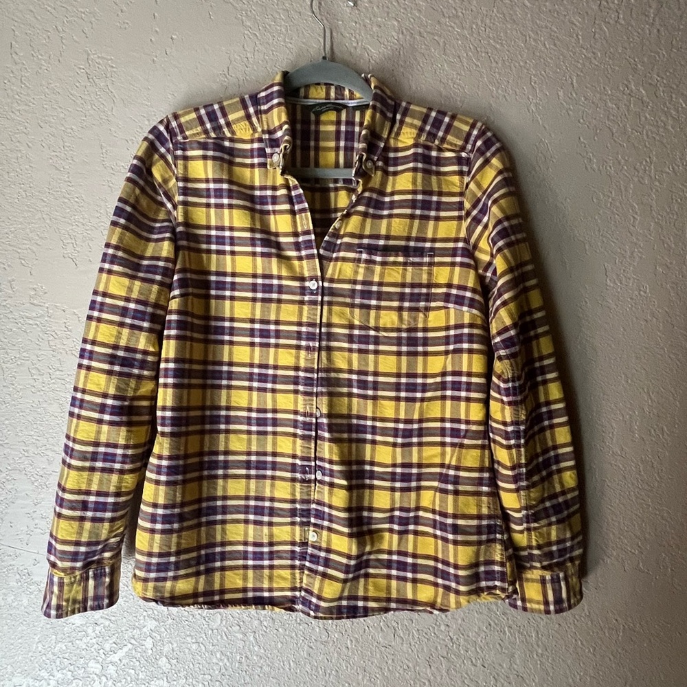 100% Cotton Eddie Bauer Yellow and Purple Plaid Woven Shirt